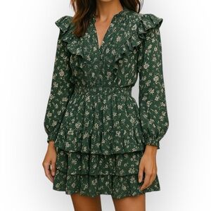 AE77 Green Floral Long Sleeve Tiered Mini Dress Women’s XS NWT